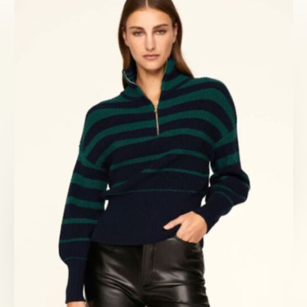 Trina Turk Misty Zip Soft Strechy Pullover Sweater Navy Green Stripe